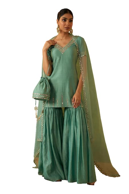 Buy Bhawna Sethi Green Chanderi, Organza, Cotton Mirrors, Ashlesha Embroidered Kurta Gharara Set Online at Aza Fashions Buy_Bhawna Sethi_Green Chanderi, Organza, Cotton Mirrors, Ashlesha Embroidered Kurta Gharara Set _Online_at_Aza_Fashions