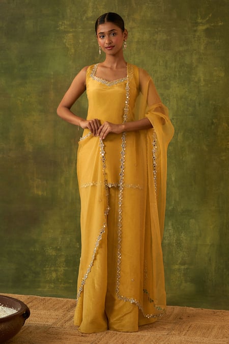 Bhawna Sethi Yellow Kurta And Sharara Pure Silk Tissue Hand Embroidered Ashvini Set 