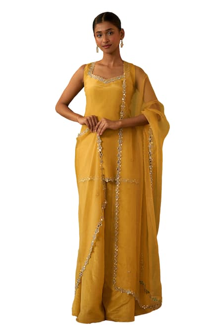 Bhawna Sethi_Yellow Silk, Organza, Cotton Mirrors, Zari, Ashvini Hand Kurta Sharara Set _Online_at_Aza_Fashions