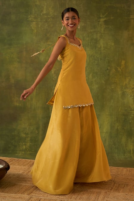 Buy_Bhawna Sethi_Yellow Silk, Organza, Cotton Mirrors, Zari, Ashvini Hand Kurta Sharara Set _Online_at_Aza_Fashions
