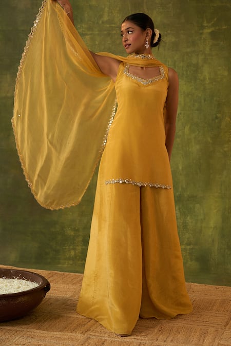 Shop_Bhawna Sethi_Yellow Silk, Organza, Cotton Mirrors, Zari, Ashvini Hand Kurta Sharara Set _Online_at_Aza_Fashions