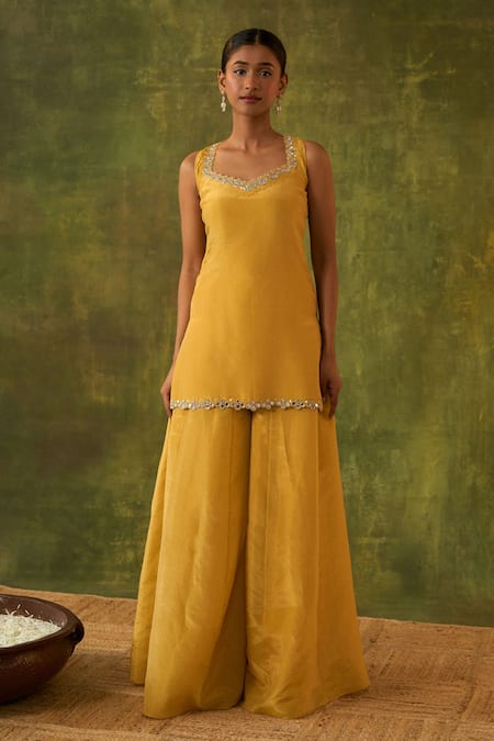 Buy_Bhawna Sethi_Yellow Silk, Organza, Cotton Mirrors, Zari, Ashvini Hand Kurta Sharara Set 