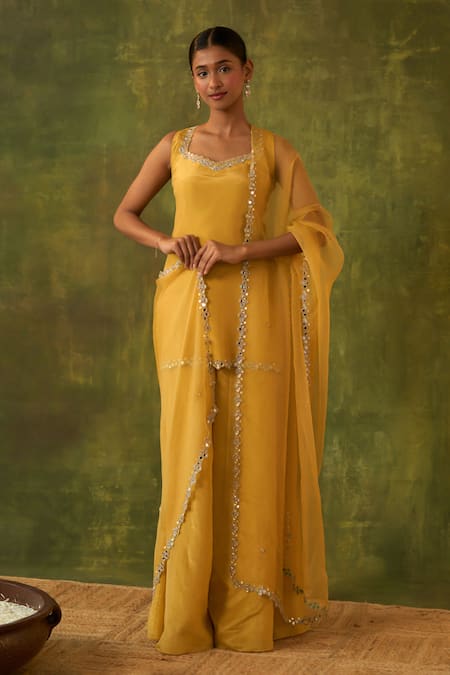 Bhawna Sethi Yellow Kurta And Sharara Pure Silk Tissue Hand Embroidered Zardosi Ashvini Set 