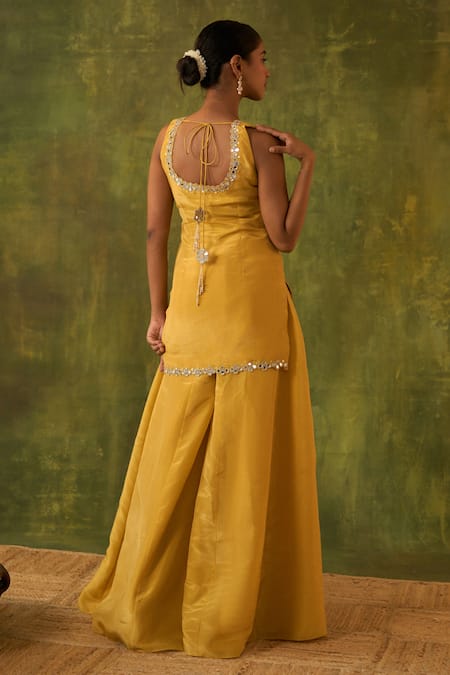 Shop Bhawna Sethi Yellow Silk, Organza Embroidery, Zari, Mirrors, Cut Ashvini Kurta Sharara Set at Aza Fashions Shop_Bhawna Sethi_Yellow Silk, Organza Embroidery, Zari, Mirrors, Cut Ashvini Kurta Sharara Set _at_Aza_Fashions