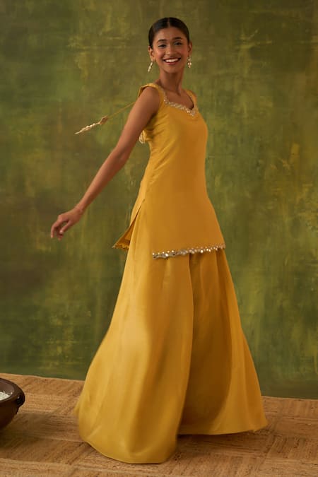 Buy Bhawna Sethi Yellow Silk, Organza Embroidery, Zari, Mirrors, Cut Ashvini Kurta Sharara Set Online at Aza Fashions Buy_Bhawna Sethi_Yellow Silk, Organza Embroidery, Zari, Mirrors, Cut Ashvini Kurta Sharara Set _Online_at_Aza_Fashions