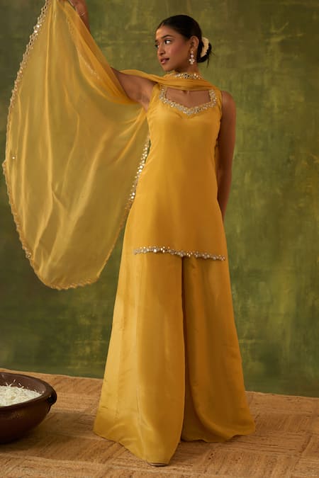 Shop Bhawna Sethi Yellow Silk, Organza Embroidery, Zari, Mirrors, Cut Ashvini Kurta Sharara Set Online at Aza Fashions Shop_Bhawna Sethi_Yellow Silk, Organza Embroidery, Zari, Mirrors, Cut Ashvini Kurta Sharara Set _Online_at_Aza_Fashions