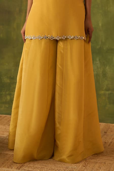 Shop Bhawna Sethi Yellow Silk, Organza Embroidery, Zari, Mirrors, Cut Ashvini Kurta Sharara Set Shop_Bhawna Sethi_Yellow Silk, Organza Embroidery, Zari, Mirrors, Cut Ashvini Kurta Sharara Set