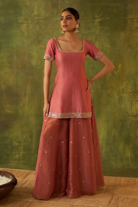 Buy_Bhawna Sethi_Pink Chanderi, Silk, Tissue, Organza Embroidery, Chitra Hand Kurta Sharara Set _Online_at_Aza_Fashions