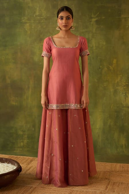 Shop_Bhawna Sethi_Pink Chanderi, Silk, Tissue, Organza Embroidery, Chitra Hand Kurta Sharara Set _Online_at_Aza_Fashions