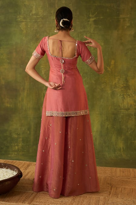 Shop Bhawna Sethi Pink Chanderi, Silk, Organza Embroidery, Zari, Mirrors Chitra Kurta Sharara Set at Aza Fashions Shop_Bhawna Sethi_Pink Chanderi, Silk, Organza Embroidery, Zari, Mirrors Chitra Kurta Sharara Set _at_Aza_Fashions