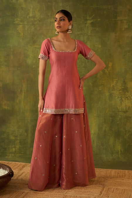 Shop Bhawna Sethi Pink Chanderi, Silk, Organza Embroidery, Zari, Mirrors Chitra Kurta Sharara Set Online at Aza Fashions Shop_Bhawna Sethi_Pink Chanderi, Silk, Organza Embroidery, Zari, Mirrors Chitra Kurta Sharara Set _Online_at_Aza_Fashions
