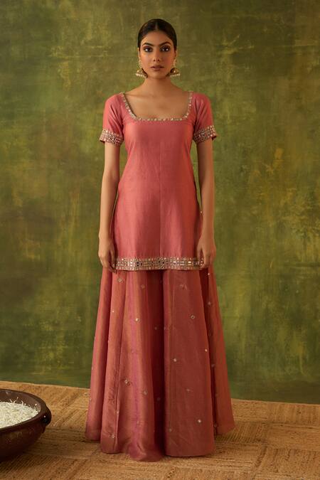 Bhawna Sethi Pink Chanderi, Silk, Organza Embroidery, Zari, Mirrors Chitra Kurta Sharara Set at Aza Fashions Bhawna Sethi_Pink Chanderi, Silk, Organza Embroidery, Zari, Mirrors Chitra Kurta Sharara Set _at_Aza_Fashions
