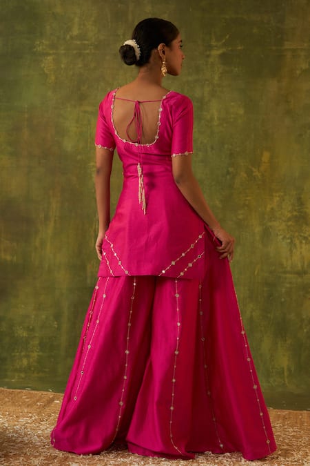 Shop Bhawna Sethi Pink Silk, Cotton, Organza Cut Work, Revati Hand Embroidered Kurta Sharara Set at Aza Fashions Shop_Bhawna Sethi_Pink Silk, Cotton, Organza Cut Work, Revati Hand Embroidered Kurta Sharara Set _at_Aza_Fashions