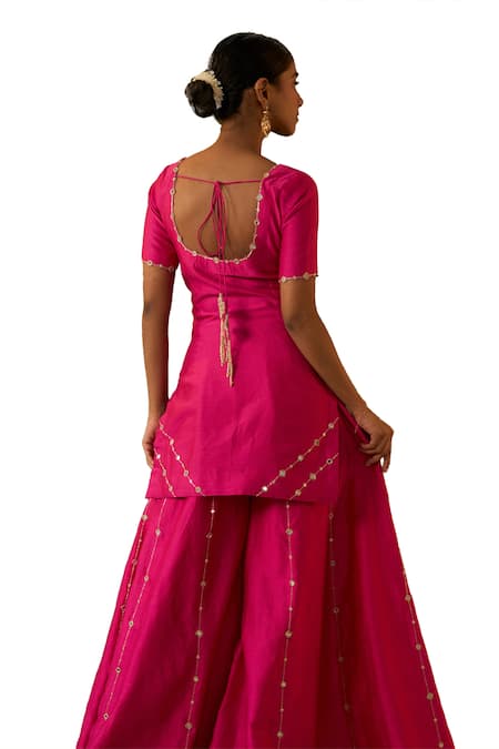 Shop Bhawna Sethi Pink Silk, Cotton, Organza Cut Work, Revati Hand Embroidered Kurta Sharara Set Online at Aza Fashions Shop_Bhawna Sethi_Pink Silk, Cotton, Organza Cut Work, Revati Hand Embroidered Kurta Sharara Set _Online_at_Aza_Fashions