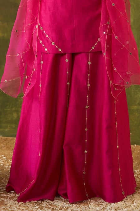 Shop Bhawna Sethi Pink Silk, Cotton, Organza Cut Work, Revati Hand Embroidered Kurta Sharara Set Shop_Bhawna Sethi_Pink Silk, Cotton, Organza Cut Work, Revati Hand Embroidered Kurta Sharara Set