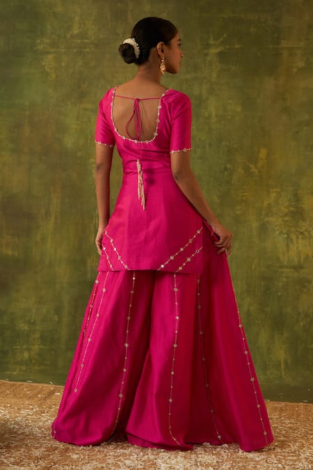 Shop Bhawna Sethi Pink Silk, Organza Cut Work, Beads, Mirrors, Revati Kurta Sharara Set at Aza Fashions Shop_Bhawna Sethi_Pink Silk, Organza Cut Work, Beads, Mirrors, Revati Kurta Sharara Set _at_Aza_Fashions