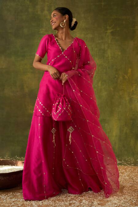 Bhawna Sethi Pink Silk, Organza Cut Work, Beads, Mirrors, Revati Kurta Sharara Set Online at Aza Fashions Bhawna Sethi_Pink Silk, Organza Cut Work, Beads, Mirrors, Revati Kurta Sharara Set _Online_at_Aza_Fashions