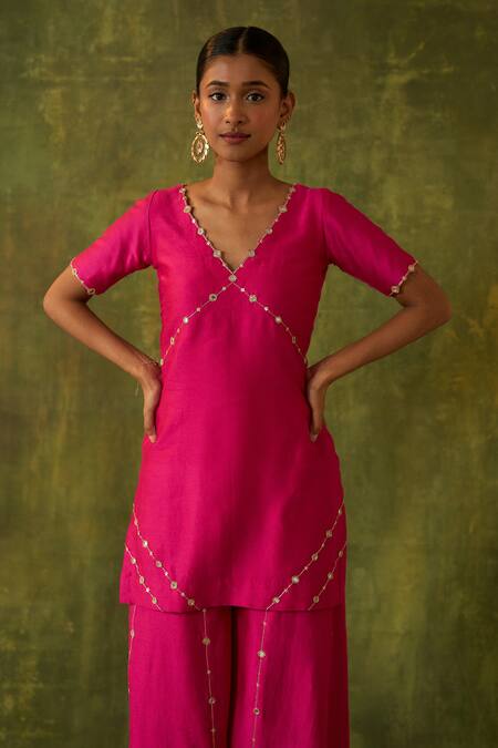 Shop Bhawna Sethi Pink Silk, Organza Cut Work, Beads, Mirrors, Revati Kurta Sharara Set Online at Aza Fashions Shop_Bhawna Sethi_Pink Silk, Organza Cut Work, Beads, Mirrors, Revati Kurta Sharara Set _Online_at_Aza_Fashions