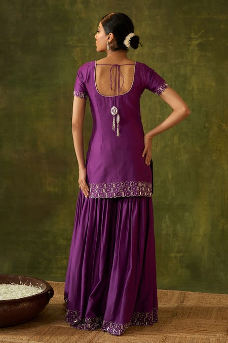 Shop Bhawna Sethi Purple Silk, Organza Mirrors, Zari Rohini Hand Embroidered Kurta Gharara Set at Aza Fashions Shop_Bhawna Sethi_Purple Silk, Organza Mirrors, Zari Rohini Hand Embroidered Kurta Gharara Set _at_Aza_Fashions