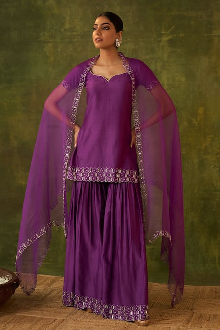 Bhawna Sethi Purple Silk, Organza Mirrors, Zari Rohini Hand Embroidered Kurta Gharara Set Online at Aza Fashions Bhawna Sethi_Purple Silk, Organza Mirrors, Zari Rohini Hand Embroidered Kurta Gharara Set _Online_at_Aza_Fashions