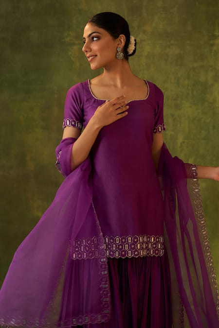 Buy Bhawna Sethi Purple Silk, Organza Mirrors, Zari Rohini Hand Embroidered Kurta Gharara Set Online at Aza Fashions Buy_Bhawna Sethi_Purple Silk, Organza Mirrors, Zari Rohini Hand Embroidered Kurta Gharara Set _Online_at_Aza_Fashions