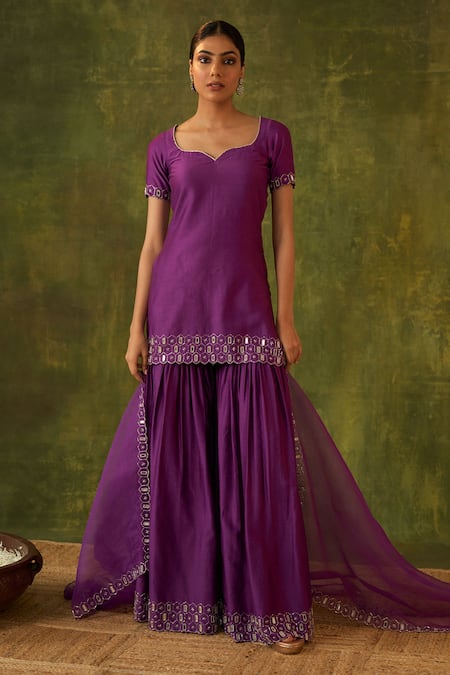 Bhawna Sethi Purple Silk, Organza Mirrors, Zari Rohini Hand Embroidered Kurta Gharara Set at Aza Fashions Bhawna Sethi_Purple Silk, Organza Mirrors, Zari Rohini Hand Embroidered Kurta Gharara Set _at_Aza_Fashions