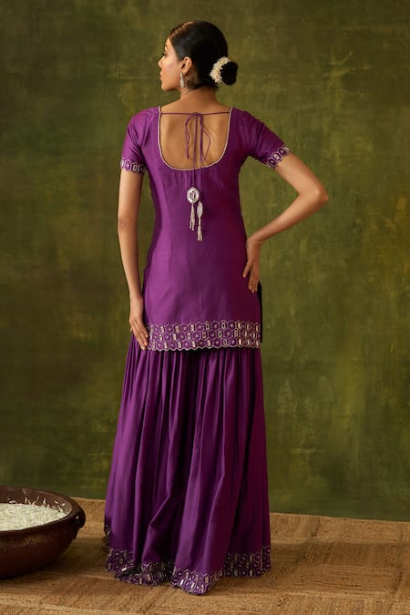 Shop Bhawna Sethi Purple Silk, Cotton, Organza Embroidery, Mirrors, Zari Rohini Kurta Gharara Set at Aza Fashions Shop_Bhawna Sethi_Purple Silk, Cotton, Organza Embroidery, Mirrors, Zari Rohini Kurta Gharara Set _at_Aza_Fashions