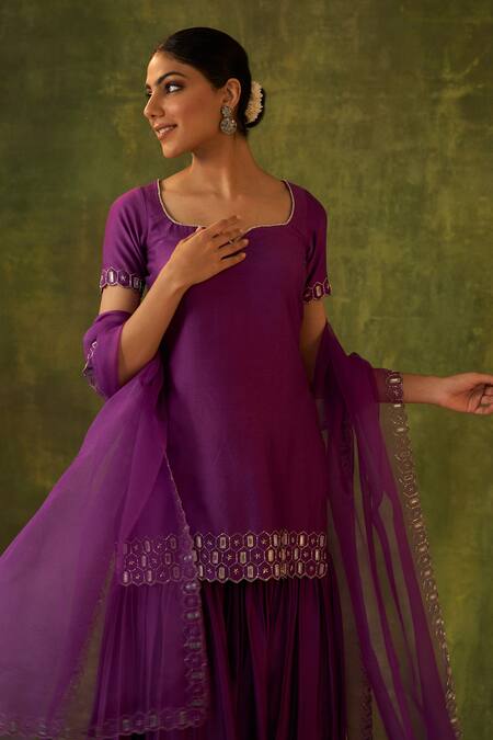 Bhawna Sethi Purple Silk, Cotton, Organza Embroidery, Mirrors, Zari Rohini Kurta Gharara Set Online at Aza Fashions Bhawna Sethi_Purple Silk, Cotton, Organza Embroidery, Mirrors, Zari Rohini Kurta Gharara Set _Online_at_Aza_Fashions