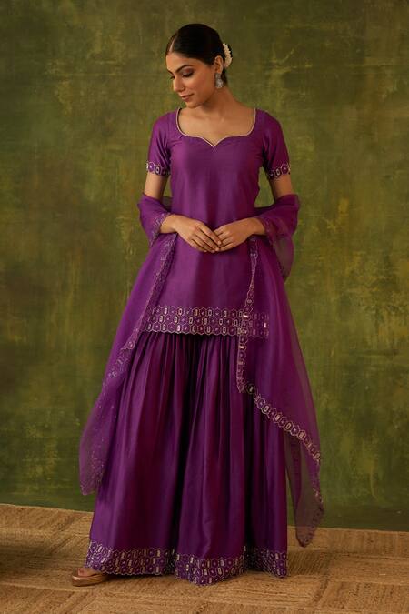 Buy Bhawna Sethi Purple Silk, Cotton, Organza Embroidery, Mirrors, Zari Rohini Kurta Gharara Set Online at Aza Fashions Buy_Bhawna Sethi_Purple Silk, Cotton, Organza Embroidery, Mirrors, Zari Rohini Kurta Gharara Set _Online_at_Aza_Fashions