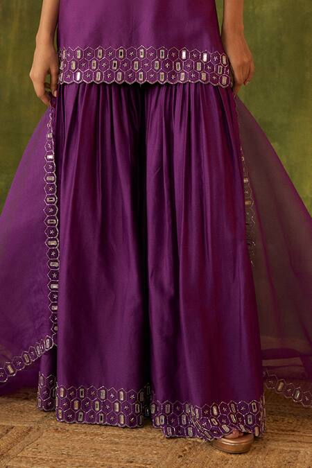Shop Bhawna Sethi Purple Silk, Cotton, Organza Embroidery, Mirrors, Zari Rohini Kurta Gharara Set Online at Aza Fashions Shop_Bhawna Sethi_Purple Silk, Cotton, Organza Embroidery, Mirrors, Zari Rohini Kurta Gharara Set _Online_at_Aza_Fashions