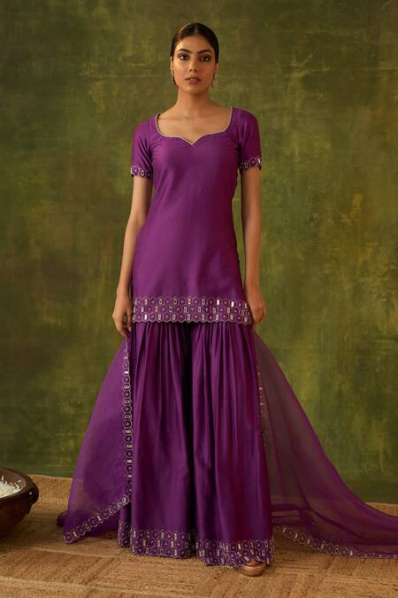 Bhawna Sethi Purple Silk, Cotton, Organza Embroidery, Mirrors, Zari Rohini Kurta Gharara Set at Aza Fashions Bhawna Sethi_Purple Silk, Cotton, Organza Embroidery, Mirrors, Zari Rohini Kurta Gharara Set _at_Aza_Fashions
