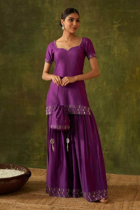 Buy Bhawna Sethi Purple Silk, Cotton, Organza Embroidery, Mirrors, Zari Rohini Kurta Gharara Set Buy_Bhawna Sethi_Purple Silk, Cotton, Organza Embroidery, Mirrors, Zari Rohini Kurta Gharara Set