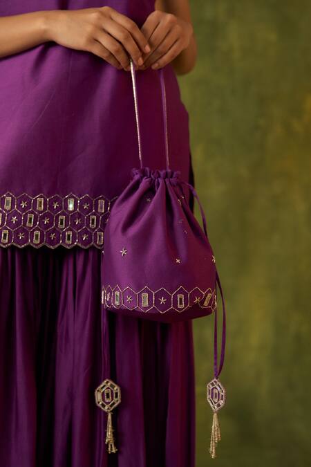 Shop Bhawna Sethi Purple Silk, Cotton, Organza Embroidery, Mirrors, Zari Rohini Kurta Gharara Set Shop_Bhawna Sethi_Purple Silk, Cotton, Organza Embroidery, Mirrors, Zari Rohini Kurta Gharara Set