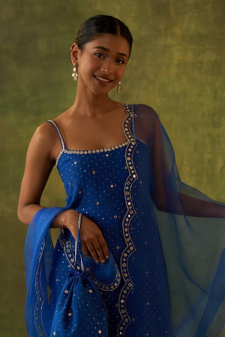 Bhawna Sethi_Blue Silk, Cotton, Organza Cut Work, Shravana Hand Embroidered Kurta Gharara Set _Online_at_Aza_Fashions