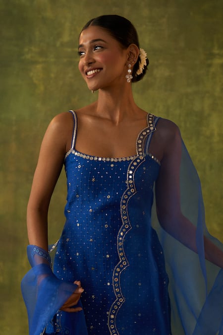 Shop_Bhawna Sethi_Blue Silk, Cotton, Organza Cut Work, Shravana Hand Embroidered Kurta Gharara Set _Online_at_Aza_Fashions
