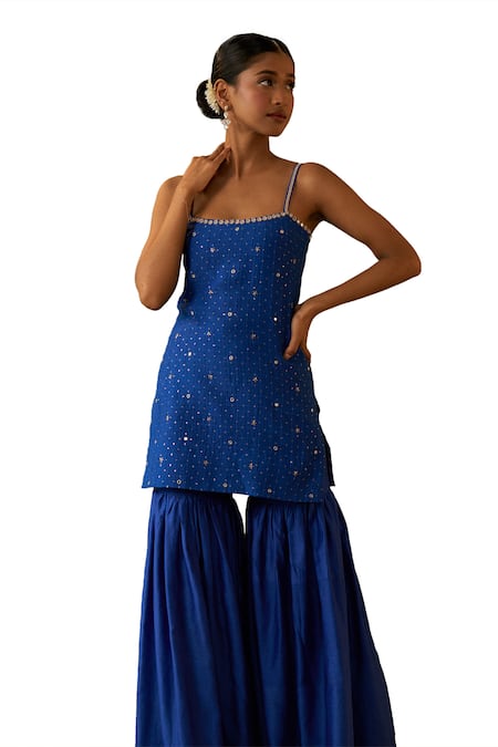 Buy_Bhawna Sethi_Blue Silk, Cotton, Organza Cut Work, Shravana Hand Embroidered Kurta Gharara Set 