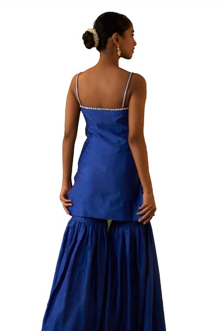 Shop_Bhawna Sethi_Blue Silk, Cotton, Organza Cut Work, Shravana Hand Embroidered Kurta Gharara Set 