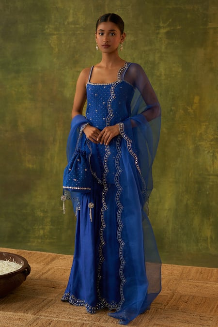 Bhawna Sethi_Blue Silk, Cotton, Organza Cut Work, Shravana Embroidered Kurta Gharara Set _Online_at_Aza_Fashions