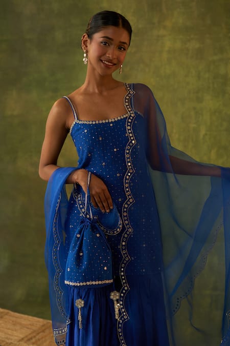 Buy_Bhawna Sethi_Blue Silk, Cotton, Organza Cut Work, Shravana Embroidered Kurta Gharara Set _Online_at_Aza_Fashions