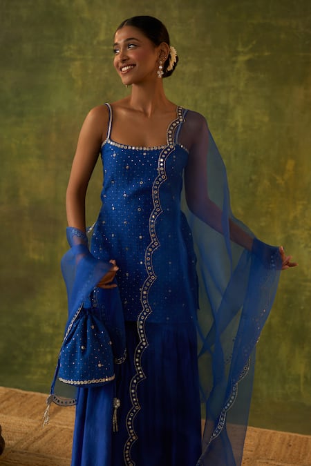 Shop_Bhawna Sethi_Blue Silk, Cotton, Organza Cut Work, Shravana Embroidered Kurta Gharara Set _Online_at_Aza_Fashions