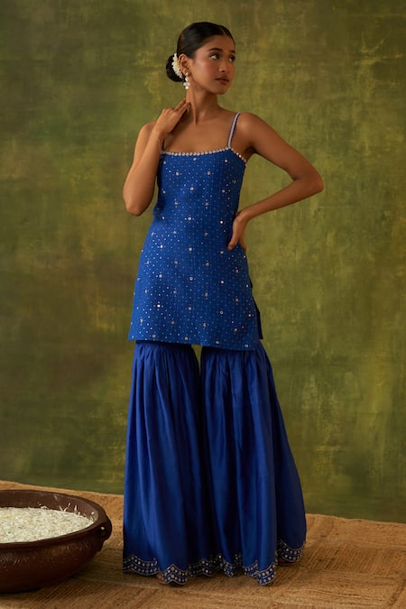 Buy_Bhawna Sethi_Blue Silk, Cotton, Organza Cut Work, Shravana Embroidered Kurta Gharara Set 