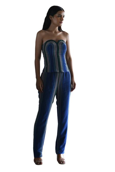 East14_Blue Cupro Crepe Printed Stripe Sweetheart Neck Peplum Bustier_Online_at_Aza_Fashions