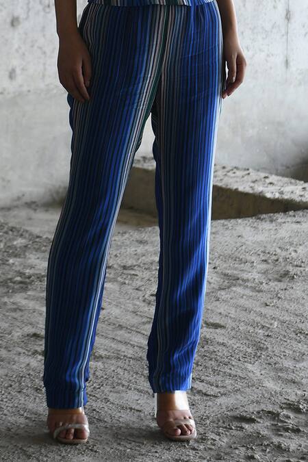 Shop_East14_Blue Cupro Crepe Printed Stripe Cigarette Pant_Online_at_Aza_Fashions