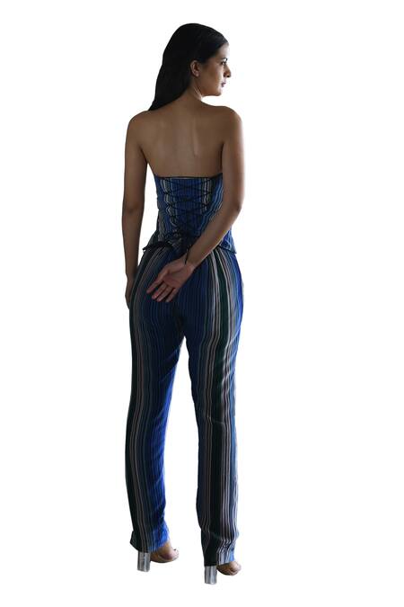 East14_Blue Cupro Crepe Printed Stripe Cigarette Pant_at_Aza_Fashions