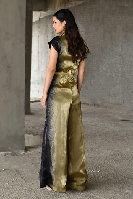 Shop_East14_Gold Liquid Organza Printed Metallic Lapel Collar Jumpsuit_at_Aza_Fashions
