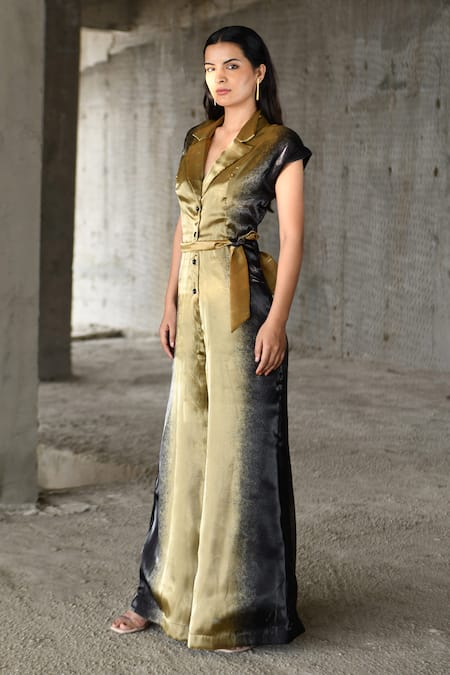 East14_Gold Liquid Organza Printed Metallic Lapel Collar Jumpsuit_Online_at_Aza_Fashions