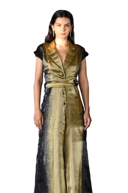 Shop_East14_Gold Liquid Organza Printed Metallic Lapel Collar Jumpsuit_Online_at_Aza_Fashions