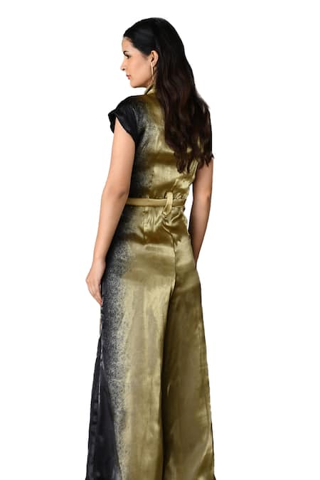 East14_Gold Liquid Organza Printed Metallic Lapel Collar Jumpsuit_at_Aza_Fashions