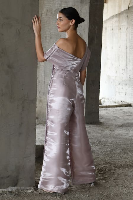 Shop_East14_Rose Gold Liquid Organza V-neck Metallic Finish Jumpsuit_at_Aza_Fashions