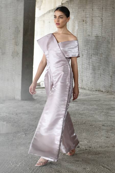 East14_Rose Gold Liquid Organza V-neck Metallic Finish Jumpsuit_Online_at_Aza_Fashions